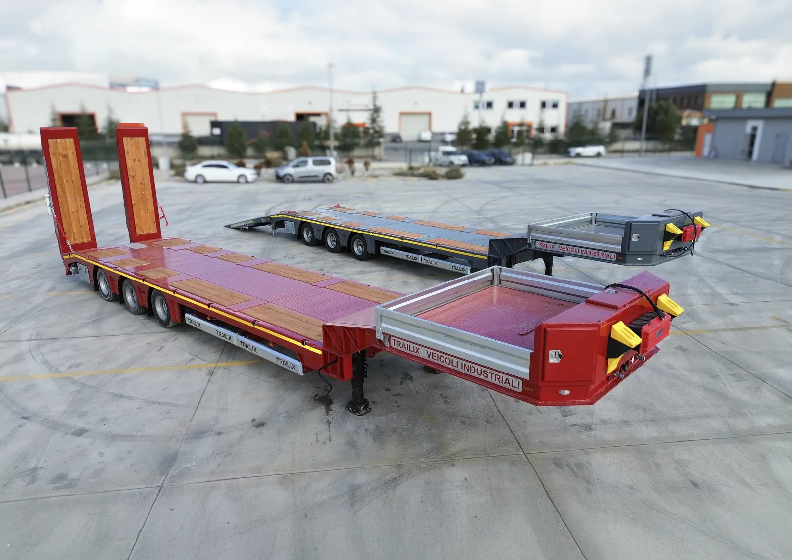 TX-3 SMART vista aerea laterale Semirimorchio carrellone 3 assi TX-3 SMART Trailix per trasporto macchine operatrici, vista aerea laterale